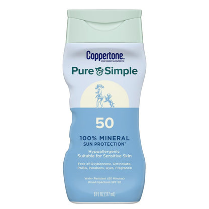 Coppertone Pure and Simple Zinc Oxide Mineral Sunscreen Lotion SPF 50, Water Resistant Sunscreen for Sensitive Skin, Hypoallergenic and Fragrance Free, 6 Fl Oz Bottle