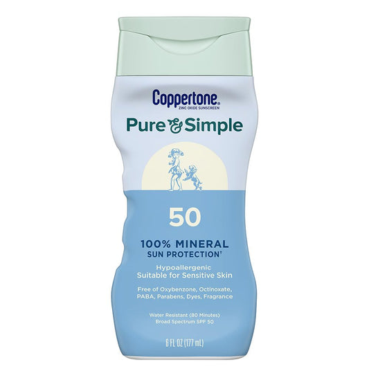 Coppertone Pure and Simple Zinc Oxide Mineral Sunscreen Lotion SPF 50, Water Resistant Sunscreen for Sensitive Skin, Hypoallergenic and Fragrance Free, 6 Fl Oz Bottle