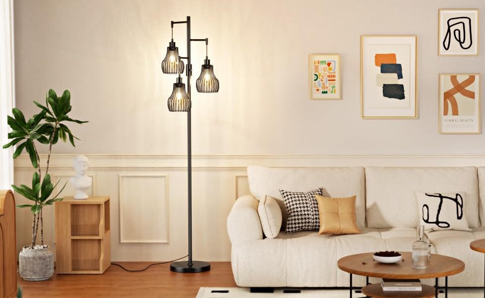 Dimmable Floor Lamp, 3 x 800LM LED Edison Bulbs Included, Farmhouse Industrial Floor Lamp Standing Tree Lamp with Elegant Cage Tall Lamps for Living Room Bedroom Office - Black