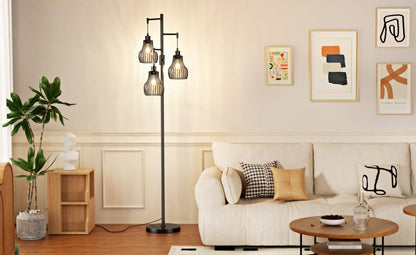 Dimmable Floor Lamp, 3 x 800LM LED Edison Bulbs Included, Farmhouse Industrial Floor Lamp Standing Tree Lamp with Elegant Cage Tall Lamps for Living Room Bedroom Office - Black