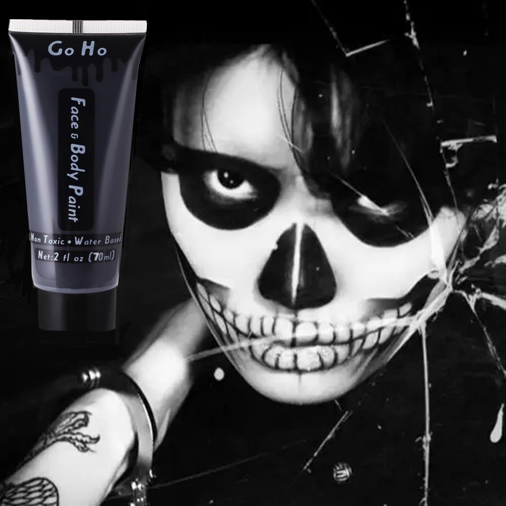 Go Ho Black and White Face Body Paint(4.74 oz),Water Based Cream White Black Face Painting Kit for SFX Cosplay Costumes Festivals Halloween Skull Zombie Skeleton Goth Vampire Makeup