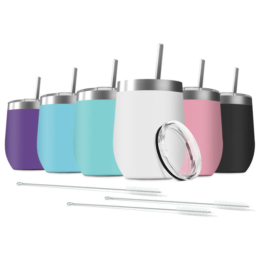 Deitybless 6 Pack 12 oz Stainless Steel Wine Tumbler with Lids, Double Wall Vacuum Insulated Travel Cup Including 6 Straws Set for Coffee, Cocktail, Drink, Tea and Beer (Assorted Colors)