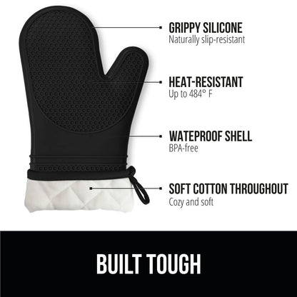 GORILLA GRIP BPA-Free Soft Silicone Oven Mitts, Heat Resistant and Waterproof Cooking Gloves, Thick Cotton Lining, Flexible Gripping for Baking Grilling, Kitchen Potholders Set of 2, 12.5x8.3, Black