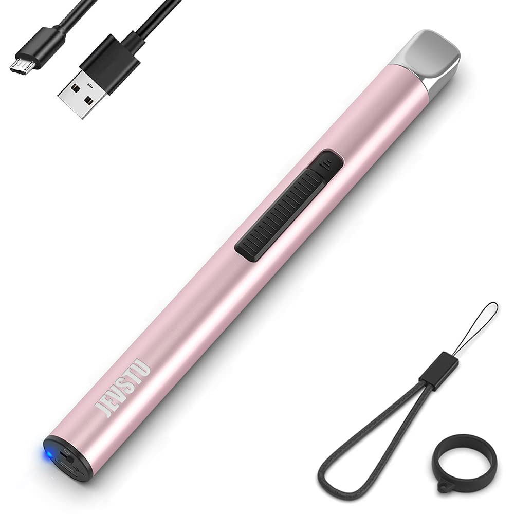 Electric Candle Lighter - Rechargeable USB Arc Windproof Flameless Plasma Lighter With Long Stick, Rope and Ring - No Butane Fluid - Perfect for BBQ, Camping, Kitchen Stove - Pink