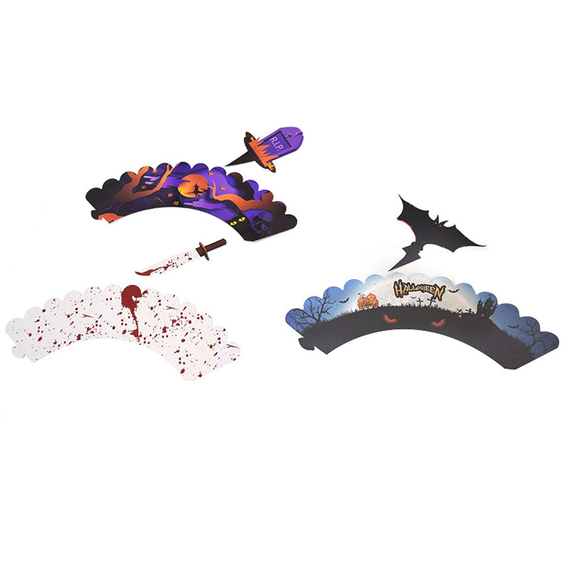 48 Pieces Halloween Cupcake Toppers Cupcake Wrappers Kit for Halloween Cake Decoration