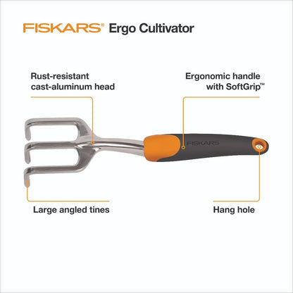 Fiskars Ergo Cultivator for Digging, Aerating Soil, and Weeding, Heavy Duty Garden Tool with Hanging Hole