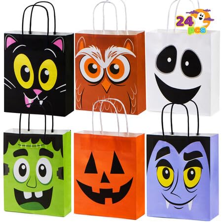 JOYIN 24 Pcs Halloween Colorful Paper Gift Bags with Handles for Trick-or-Treating, Halloween Candy Goodie Bags for Party Favors and Supplies