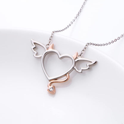 DAOCHONG Halloween Two-Tone 925 Sterling Silver Devil Heart with Wings Pendant Necklace for Women, 18 inches