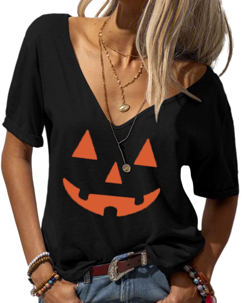Danedvi Women Halloween T-Shirt Deep V-Neck Short Sleeves Pumpkin Face Print Tunic Tops
