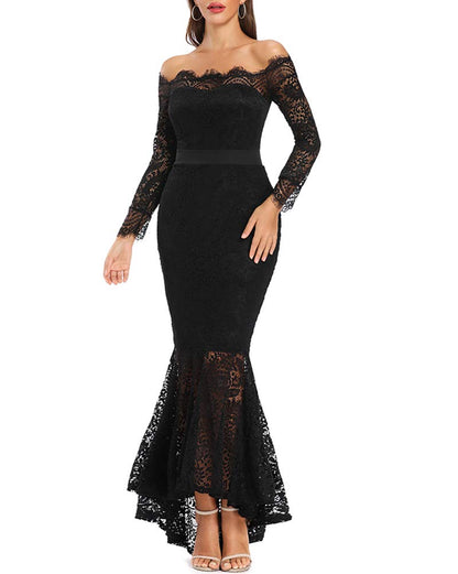 LALAGEN Women's Floral Lace Long Sleeve Off Shoulder Wedding Mermaid Dress Black XL