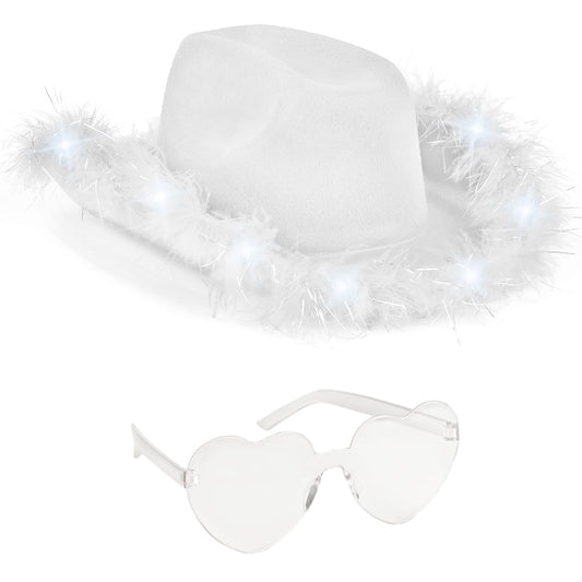 Funcredible White Cowboy Hat and Glasses - Light Up Cowgirl Hat for Girls - Cowboy Hats with Feathers - Taylor Costume - Halloween Hats for Women