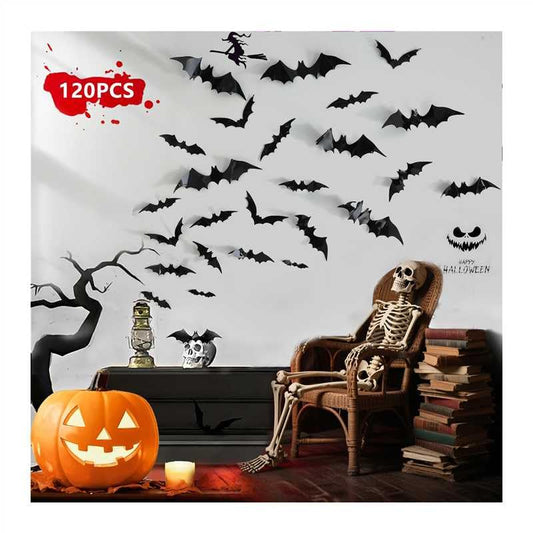 120pcs Halloween Bats Decorations Outdoor Indoor, Halloween Party Supplies, 3D Bat Stickers for Wall Window Home Kitchen Scary Decor (4 Sizes, Black)