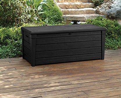 Keter Brightwood 120 Gallon Resin Large Deck Box for Patio Garden, Outdoor Cushion Storage, Pool Accessories, Tools, Grey