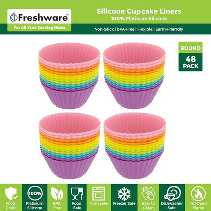 Freshware Cupcake Liners, Pack of 48 Silicone Muffin Cups, Reusable & Non-stick Cupcake Liners for Party Halloween Christmas, Round