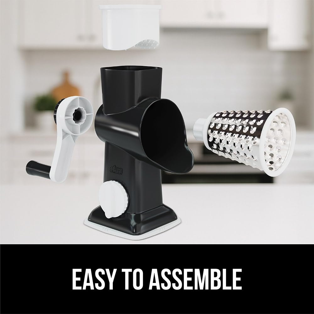 GORILLA GRIP Slip-Resistant Rotary Cheese Grater with 3 Interchangeable Blades to Shred Slice and Grate, Hand Crank Vegetable Chopper Mandolin, Slicer for Veggie Onion, Home and Kitchen Gadgets, White