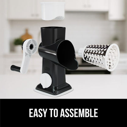 GORILLA GRIP Slip-Resistant Rotary Cheese Grater with 3 Interchangeable Blades to Shred Slice and Grate, Hand Crank Vegetable Chopper Mandolin, Slicer for Veggie Onion, Home and Kitchen Gadgets, White