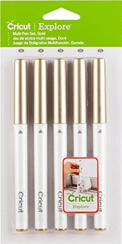 Cricut Multi Pen Set, Gold (5 ct) - For Explore, Maker, & Venture Machines - Includes Gold Glitter Gel Pen, Marker, & Calligraphy Markers