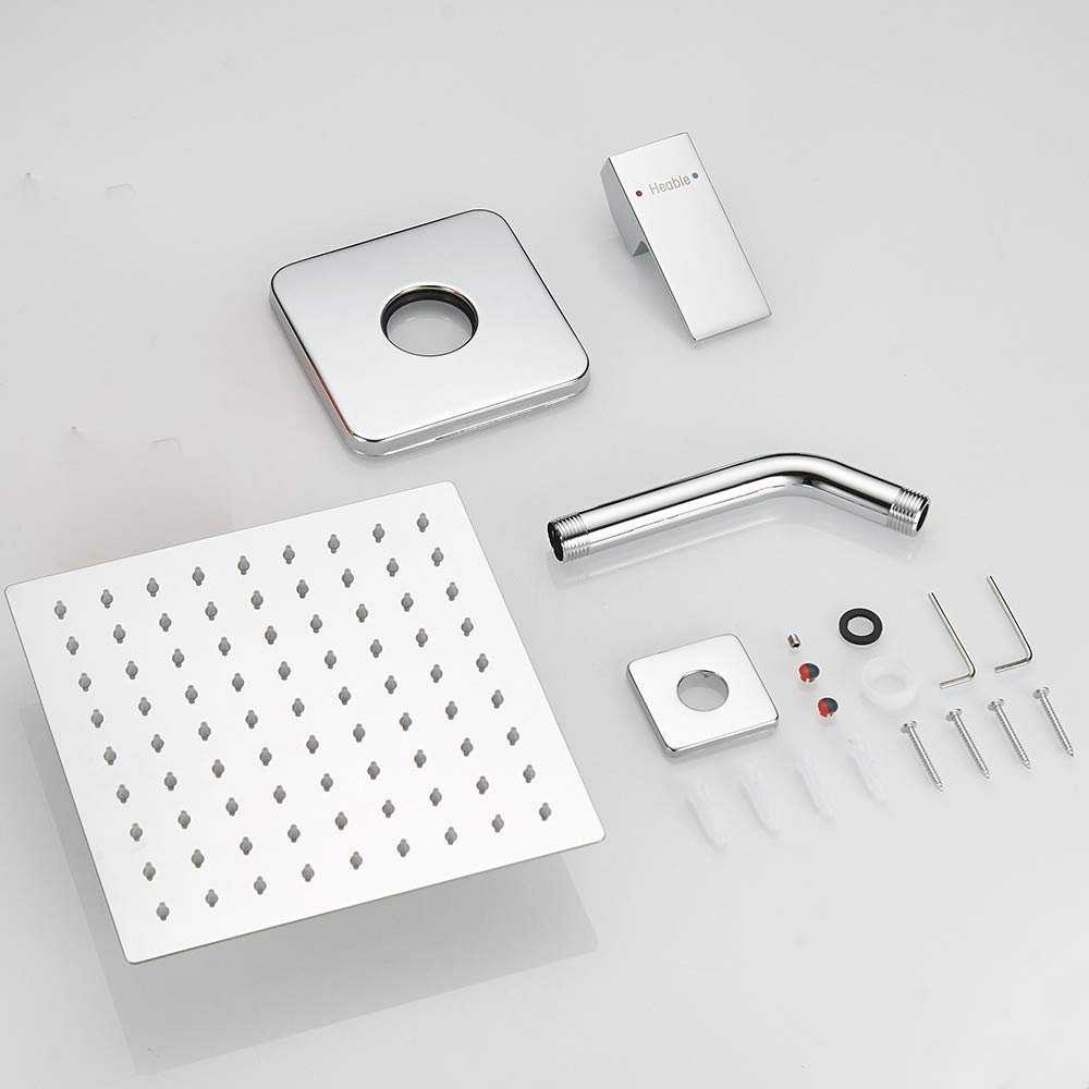 Heable Single Function Shower Trim Kit with Rough-in Valve, Bathroom Rain Shower Set Rainfall Shower Faucet System with Square Stainless Steel Metal Shower Head, Polished Chrome