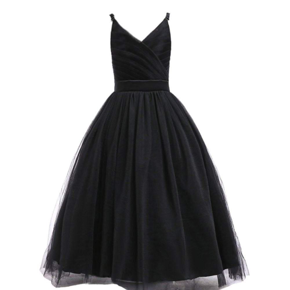 Glamulice Kids Funeral Flower Girls Black Dress Lace Bridesmaid Long A Line Wedding Pageant Dresses Tulle Spaghetti Strap Party Gown Christmas Holiday Evening Prom Princess Birthday Gown 11 12