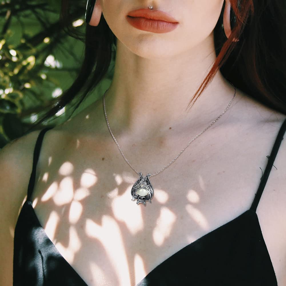 Cute Bat Necklace Sterling Silver Glowing in The Dark Animal Pendant Little Witchy Halloween Jewelry Gift for Women(Black)