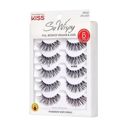 KISS So Wispy, False Eyelashes, 'Style #11', 12 mm, Includes 5 Pairs Of Lashes, Contact Lens Friendly, Easy to Apply, Reusable Strip Lashes, Glue On, Mulitpack