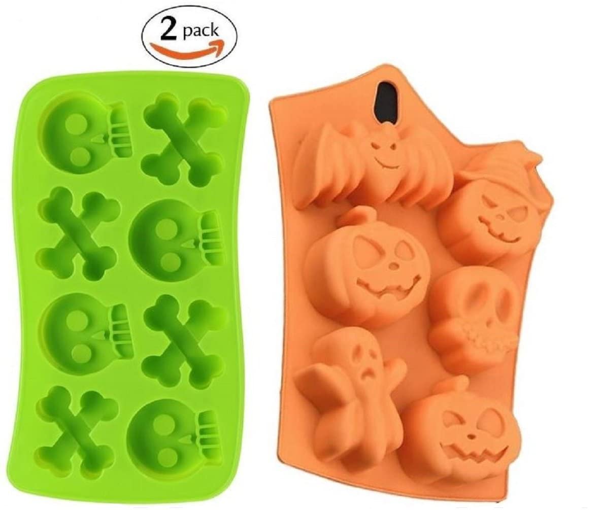 2 Silicone Halloween Soap Molds - Day of The Dead Soaps - Pirate Party Cakes Skulls Crossbones - Pumpkins Ghosts Bats Bath Bombs Random Colors by Jolly Jon