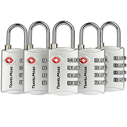 5 Pack TSA Luggage Locks with 4 Digit Combination – Heavy Duty Set Your Own Padlocks for Travel, Baggage, Suitcases & Backpacks - Silver