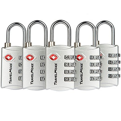 5 Pack TSA Luggage Locks with 4 Digit Combination – Heavy Duty Set Your Own Padlocks for Travel, Baggage, Suitcases & Backpacks - Silver