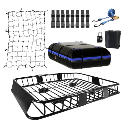 FORWODE Roof Rack Carrier Basket, 64" x 39" Rooftop Cargo Carrier with 250 lbs Capacity, Rust-Proof Steel Heavy Duty Car Top Luggage Basket with Waterproof Cargo Bag, Net and Straps
