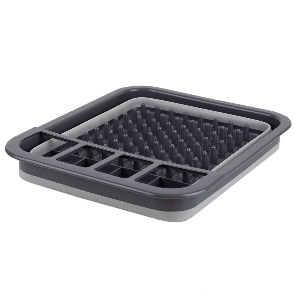 Home Basics Silicone and Plastic Easy Storage Collapsible Dish Rack with Cutlery Holder (Grey)