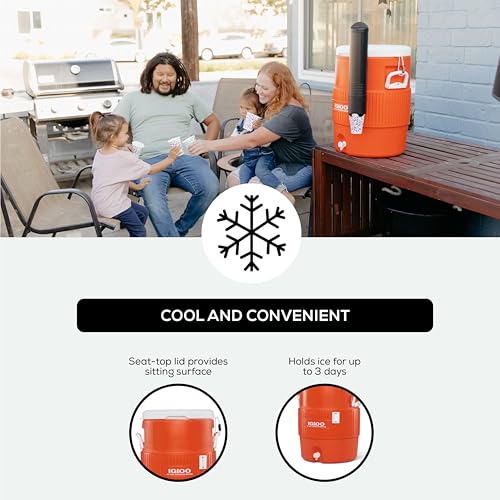 Igloo 10 Gallon Portable Sports Cooler Water Beverage Dispenser with Flat Seat Lid, Insulated Beverage Dispenser, Orange/White