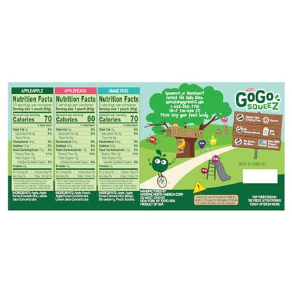 GoGo squeeZ Applesauce and Fruit Puree Variety Pack, Apple, Peach & Gimme Five!, 3.2 oz (Pack of 20), Unsweetened Fruit Snacks for Kids, Gluten Free, Nut Free and Dairy Free, BPA Free Pouches