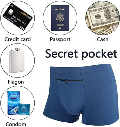 H&R Pocket Underwear for Men with Secret Hidden Front Stash Pocket, Travel Boxer Brief, Large Size 2 Packs (Blue)