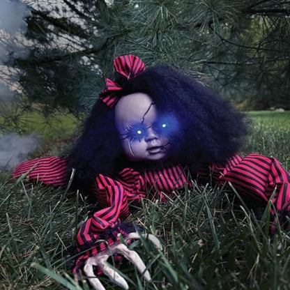 Haunted Hill Farm Scary Haunted Crawling Baby Doll, Halloween Animatronic with Touch Activated Lights and Sound, Battery Operated Indoor or Covered Outdoor Halloween Decorations, Creepy Fright Props