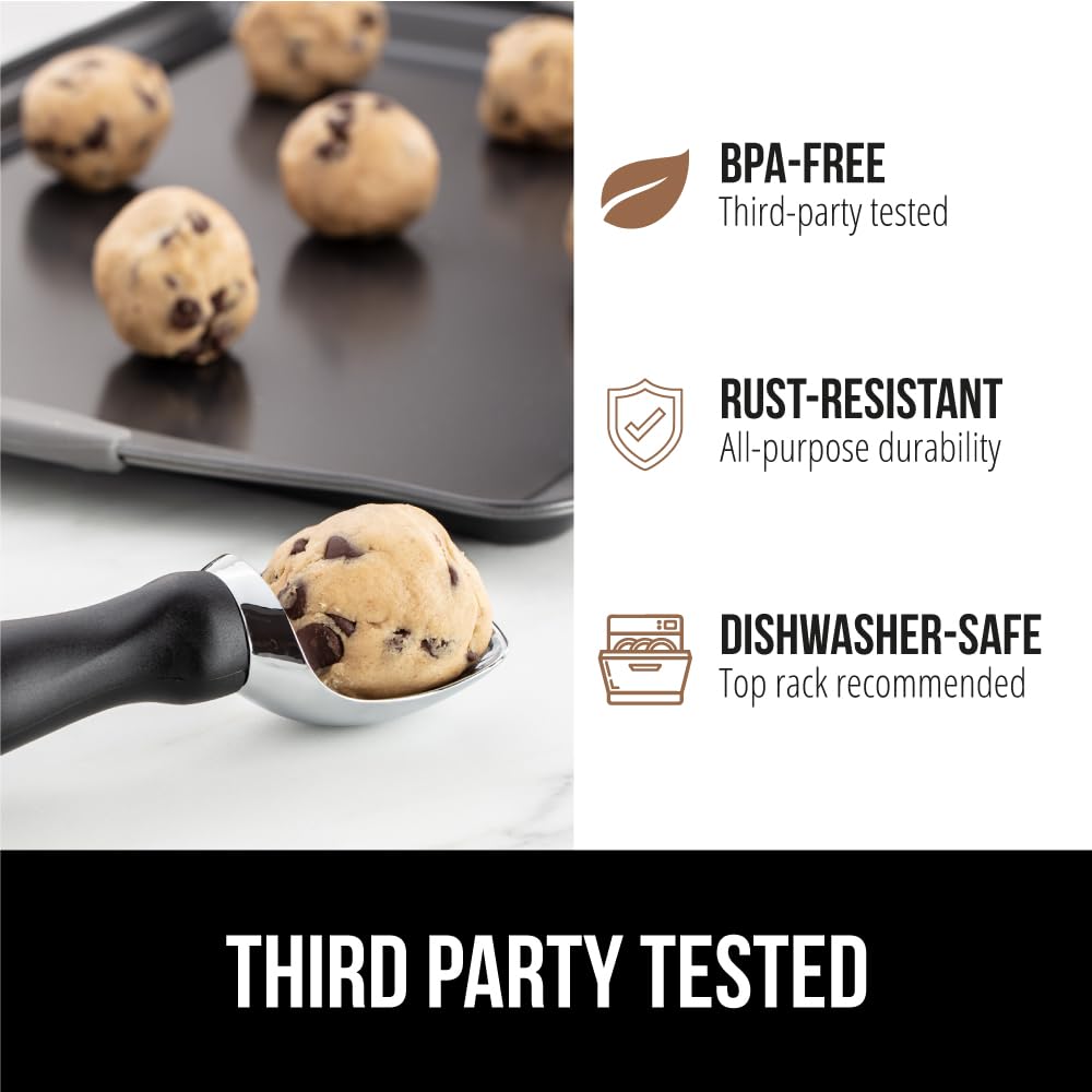 GORILLA GRIP BPA-Free Heavy Duty Ice Cream Scoop, Comfortable Ergonomic Handle, Professional Grade Scooper for Perfect Round Scoops, Spoon Frozen Hard Gelato, Sorbet, Cookie Dough, Kitchen Tool, Black