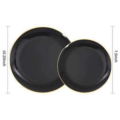 KIRE 100PCS Black and Gold Plates - Black Plastic Plates Disposable with Gold Rim for Halloween Party/Wedding/Birthday Include 50Pcs 10.25inch for Dinner and 50Pcs 7.5inch for Dessert/Salad