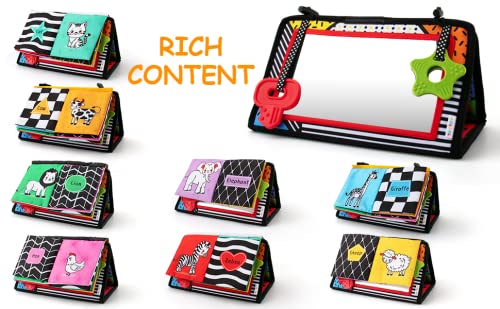 3-in-1 Tummy Time Mirror with Soft Crinkle 3D Activity Book, Teethers, Rattle - High Contrast Black and White Montessori Baby Crawling Toys Developmental Newborn Infant Sensory Toys Gift 0-12 Months