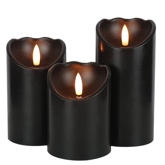 Eldnacele Black Flameless Flickering Candles with 6H Timer, 3D Wick Realistic Battery Operated Real Wax LED Pillar Candles Set of 3 Home Wedding Party Halloween Decoration(D3” x H4”5”6”)