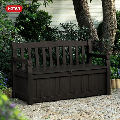 Keter Solana 70 Gallon Storage Bench Deck Box for Patio Furniture, Front Porch Decor and Outdoor Seating – Perfect to Store Garden Tools, Brown/Brown
