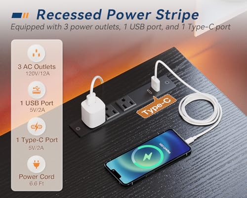 KKL Small Desk with Power Outlets and USB Port Computer Desk for Home Office Gaming Simple Modern Style Writing Desks with Storage Bag Headphone Hook, 48 inch, Black