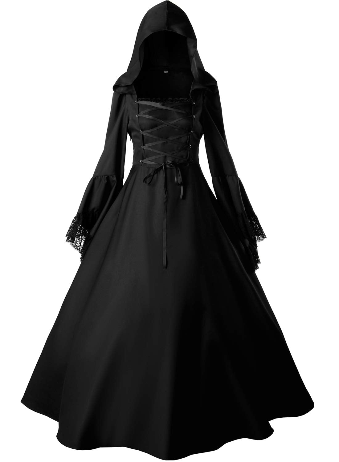Jeufoin Women's Gothic Victorian Witch Vampire Dress Medieval Renaissance Halloween Cosplay Hooded Costume (x-large, black)