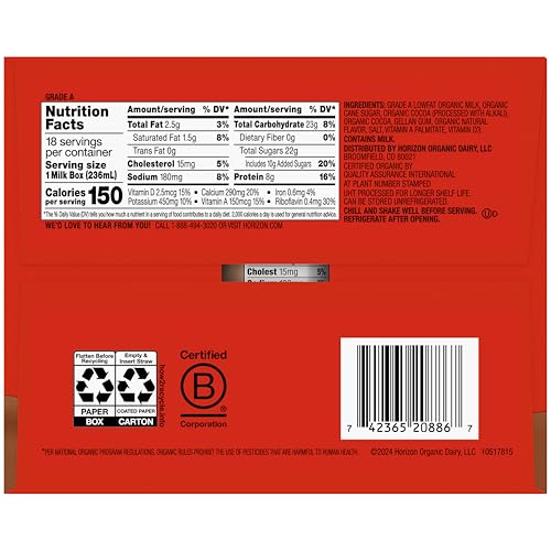 Horizon Organic Shelf Stable 1% Lowfat Chocolate Milk Boxes, USDA Certified Organic UHT Milk from Pasture-Raised Cows, No Refrigeration Required, 8 fl oz, 18 Count