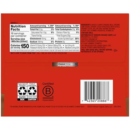 Horizon Organic Shelf Stable 1% Lowfat Chocolate Milk Boxes, USDA Certified Organic UHT Milk from Pasture-Raised Cows, No Refrigeration Required, 8 fl oz, 18 Count