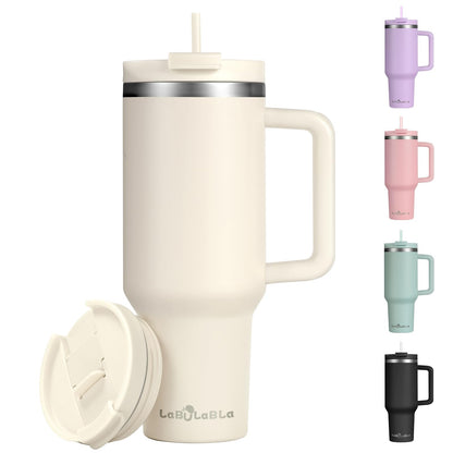 Labulabla 40oz Tumbler with Handle,Double Wall Vacuum Reusable Stainless Steel Insulated Water Bottle,With Leak Proof lid and Straw for Iced or Cold Beverages (Beige)