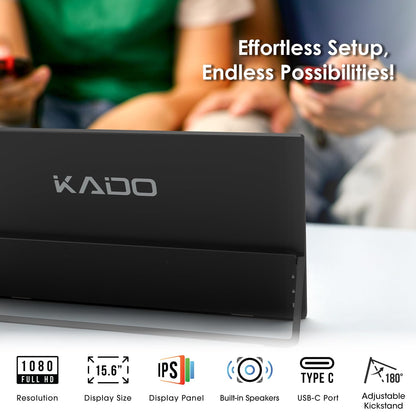 Kado Portable Monitor 15.6-Inch FHD 1080p, USB-C mini-HDMI Gaming Monitor IPS Display Built-in Speakers, External Display 180° Kickstand Wall/Arm Mount for Laptop PC Phone Mac Xbox PS4/PS5 Switch