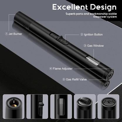 LcFun Torch Lighters 2 Pack Refillable Butane Lighter, Butane NOT Included, Windproof Adjustable Jet Flame Long Lighters for Candle, Grill, BBQ, Camping