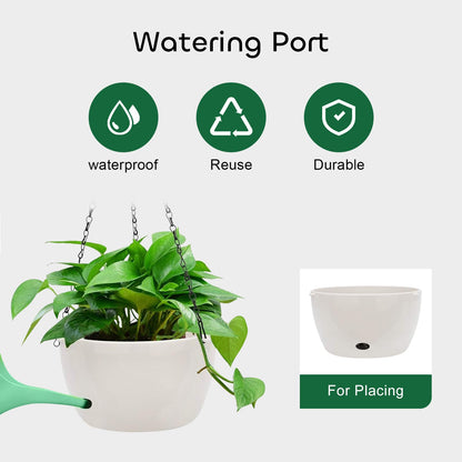 GROWNEER 2 Packs 9.4 Inches Plastic Hanging Planter Self Watering Basket with 6 Pcs Hooks, Hanging Flower Pot with Detachable Base for Garden Indoor Outdoor Home Decoration (White-9.4inch)