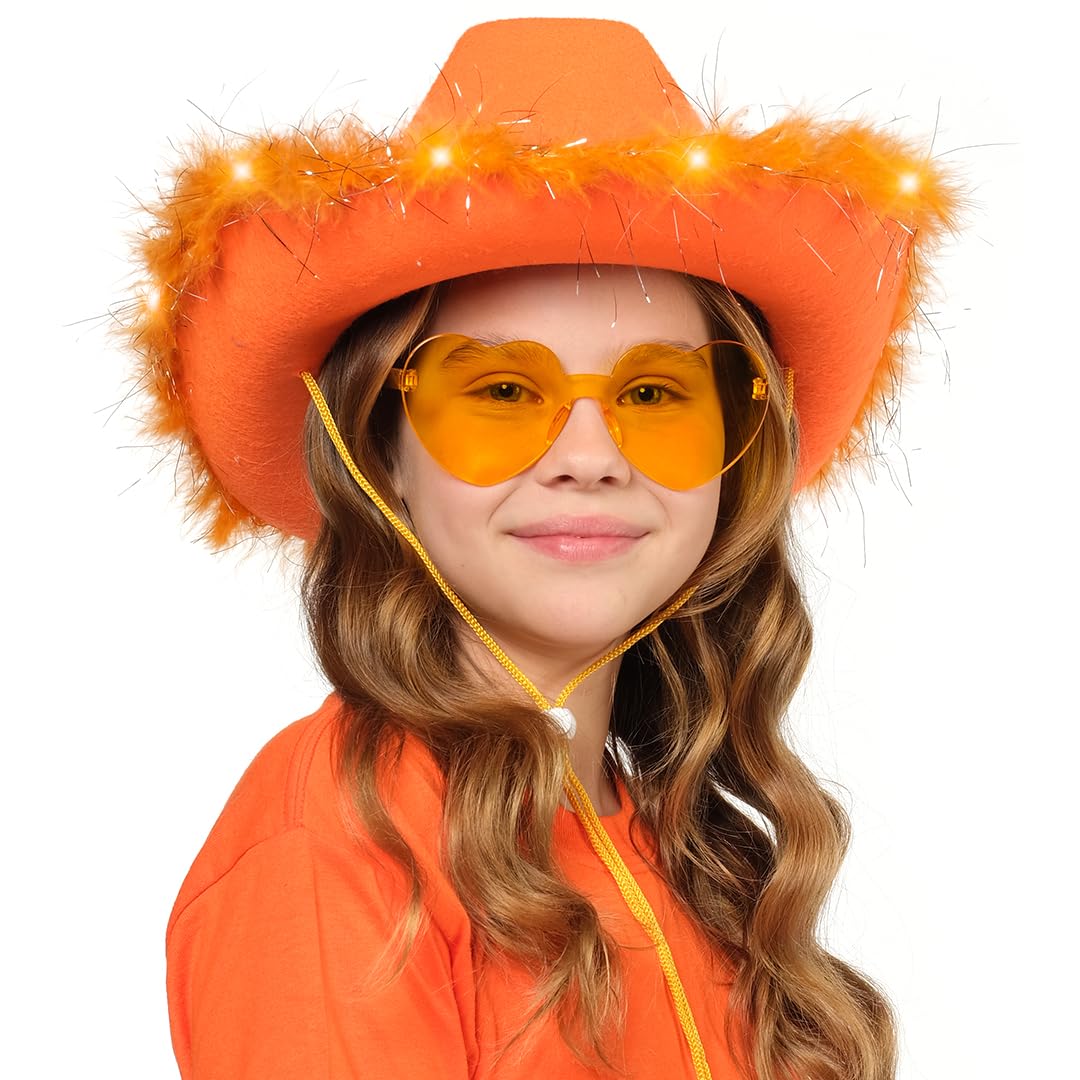 Funcredible Orange Cowboy Hat and Glasses - Light Up Cowgirl Hat for Girls - Cowboy Hats with Feathers - Halloween Hats for Women