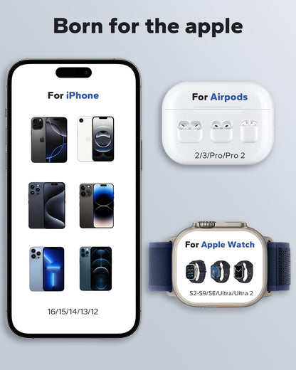 KPON for iPhone Nightstand Charging Station,15W 3 in 1 Wireless Phone Charger Stand with Night Lamp, Travel Foldable Magnetic Cube Magsafe Dock for iPhone 16 15 14 13 12 Series/Apple Watch/Airpods