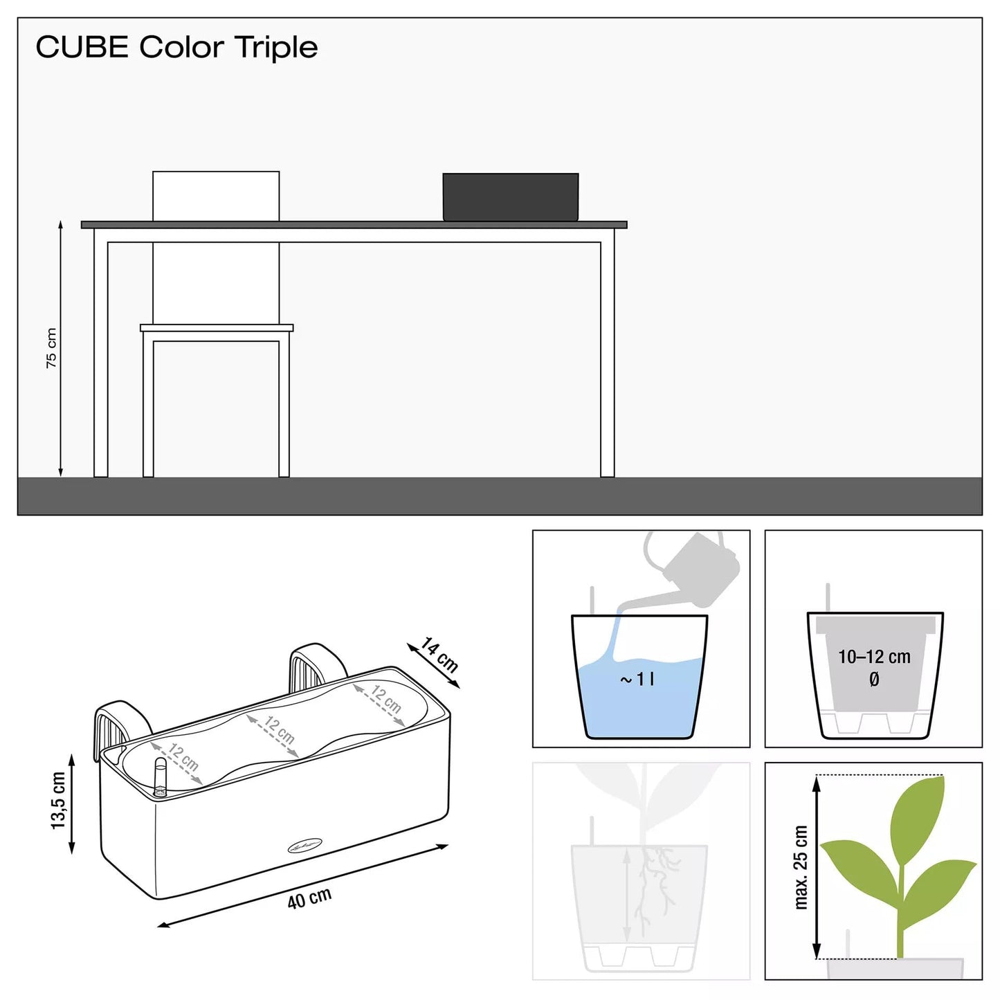 Lechuza Cube Color Triple Self Watering Plant Pot, Slate, 40 cm Diameterx 14 cm Width x 13.5 cm Height